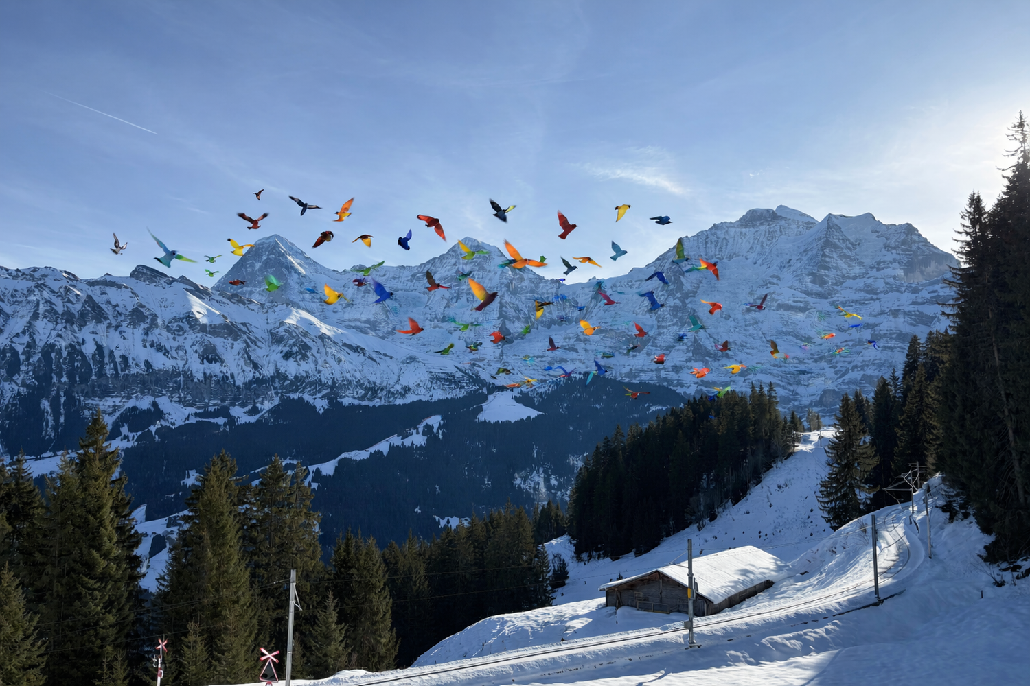KI-Vögel (mit ChatGPT erstellt) vor Eiger, Mönch und Jungfrau